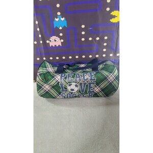 Justice Plaid Soccer Duffel Peace Love Soccer Green Blue Plaid Duffle EUC